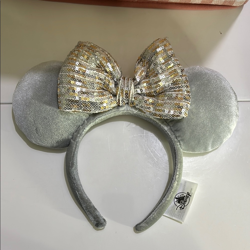 Silver velvet Mouse Ears Headband with Sequin Bow